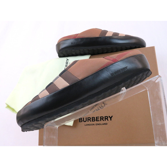 $620 BURBERRY NORTHAVEN BROWN QUILTED CHECK BLACK LEATHER LOGO SLIPPERS 44 US 11 - Picture 5 of 14